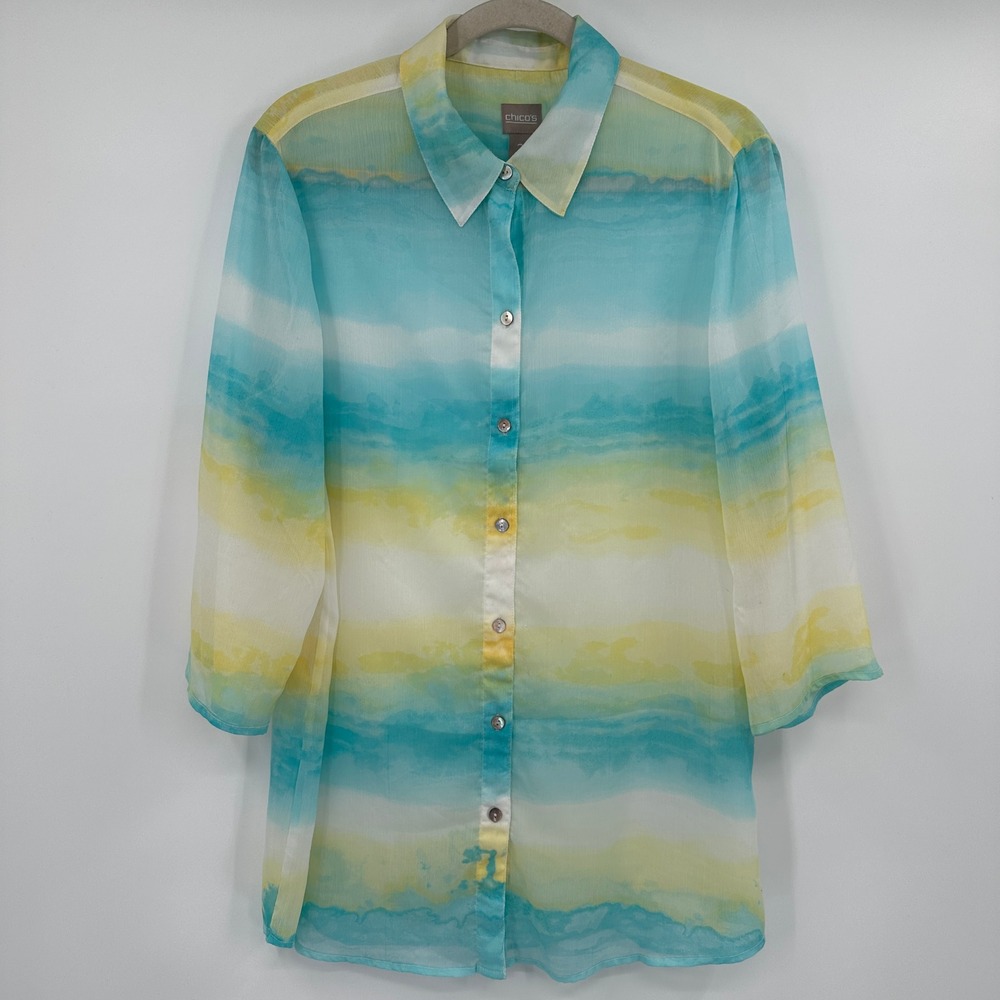 Chicos Watercolor Stripe Sheer Button Down Shirt Blue Yellow Size 2 Large Beachy